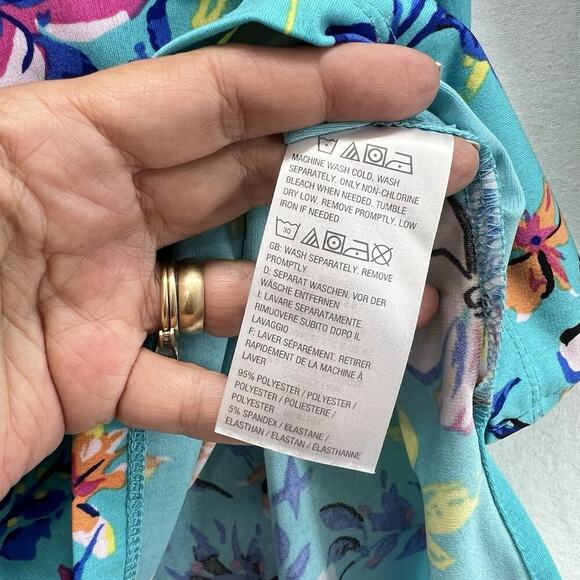 SUSAN GRAVER Liquid Knit Floral Tunic Top Size M Aqua Blue Tie Neck Long Sleeve - Picture 5 of 10